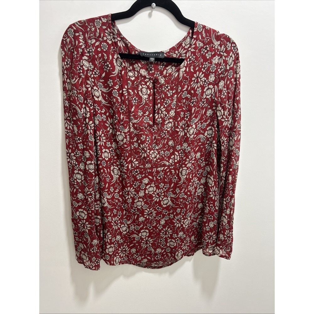Sanctuary Women's S Red Floral Gold Long Sleeve Top Button Blouse Liner Light